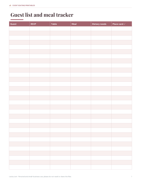 Preview of Printable Guest Tracker and Place Card Sheet