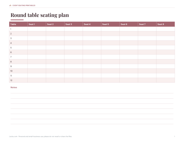 Preview of Printable Round Table Seating Plan